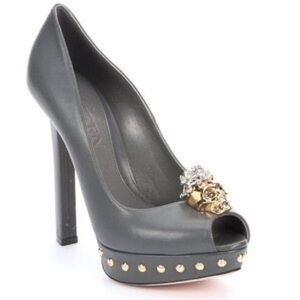 Alexander McQueen Gray Heels with Gold Skull Detail